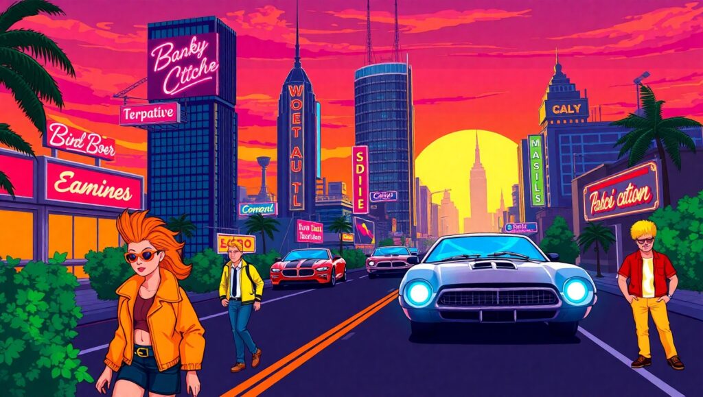 Retro Pixel City at Sunset – free AI stock image