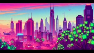 Retro Pixel Cityscape at Dusk – free AI stock image
