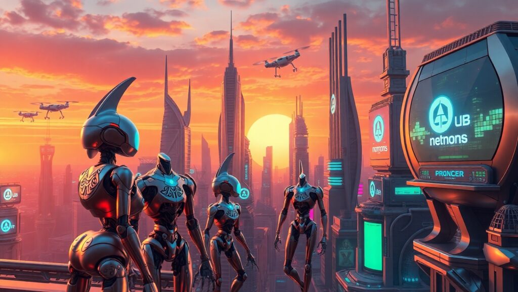 Robotic City at Sunset – free AI stock image