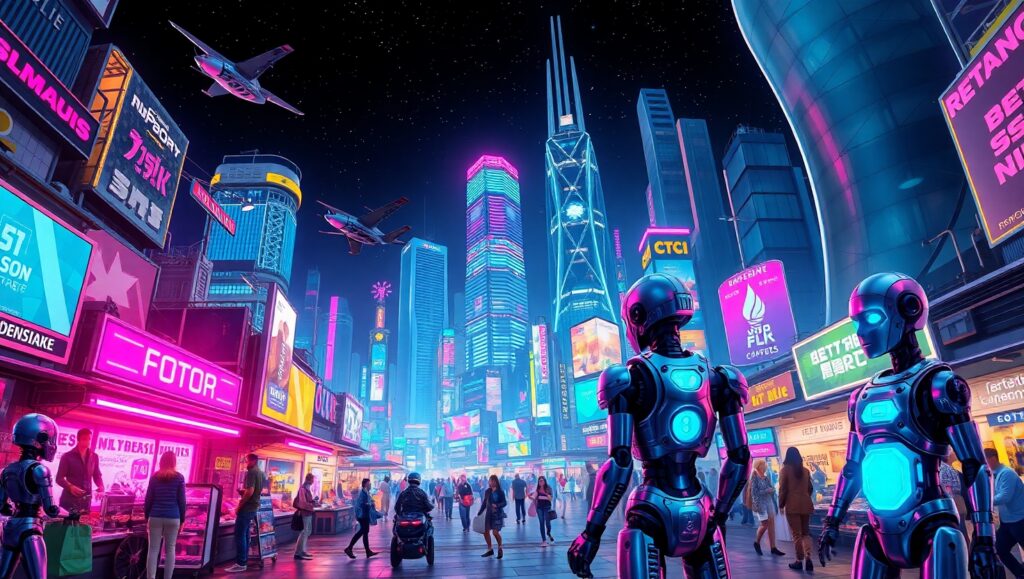 Robotic Life in a Neon City – free AI stock image