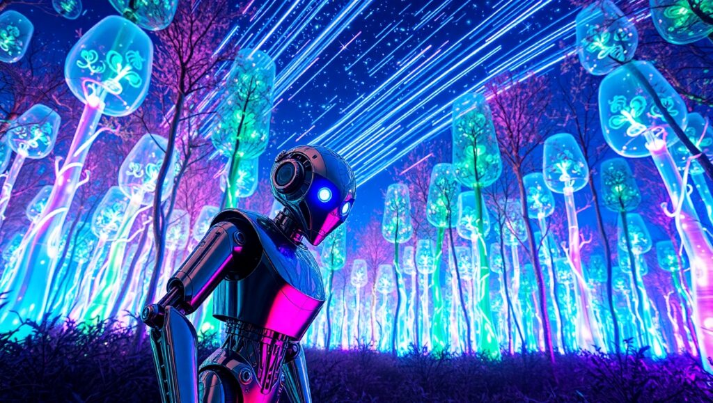 Robot’s Adventure in Neon Forest – free AI stock image