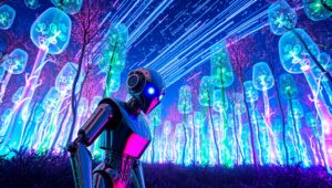Robot’s Adventure in Neon Forest – free AI stock image