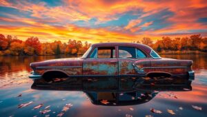 Rusty Car in Autumn Reflections – free AI stock image