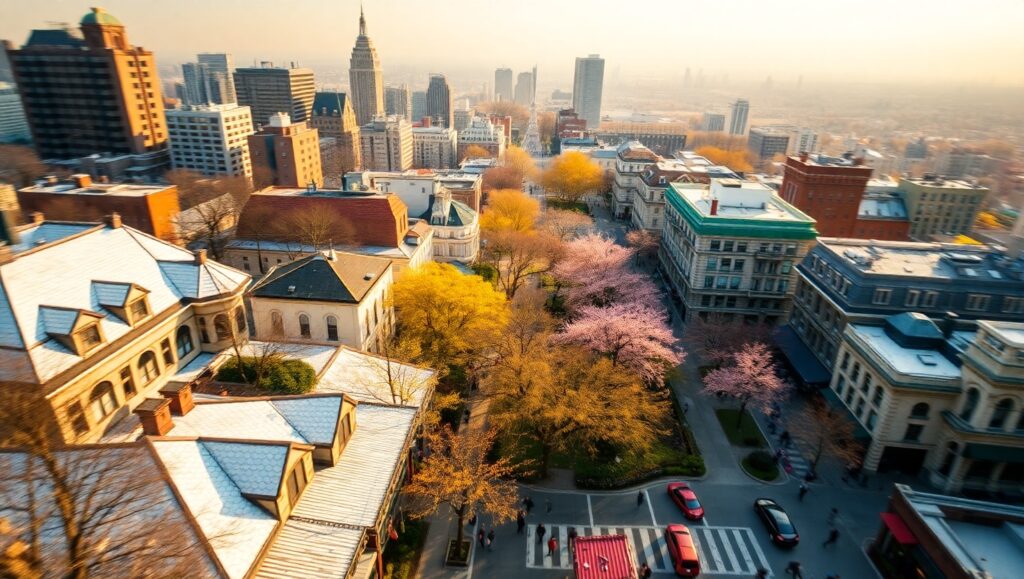 Seasons Change: A Cityscape Journey – free AI stock image