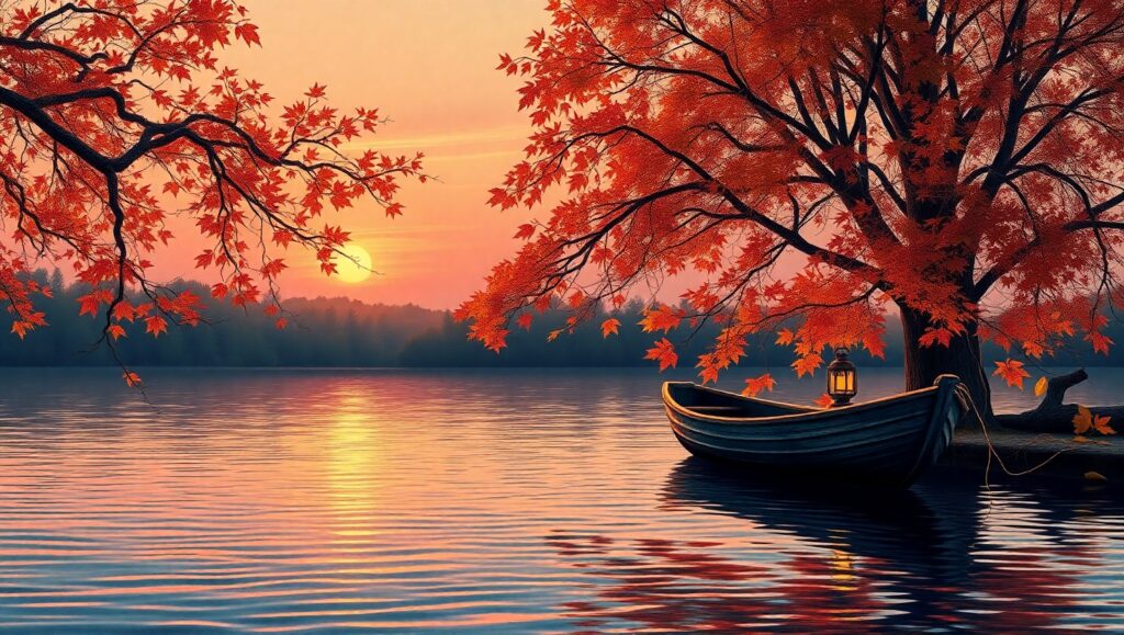 Serene Autumn Sunset at the Lake – free AI stock image