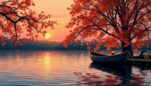 Serene Autumn Sunset at the Lake – free AI stock image