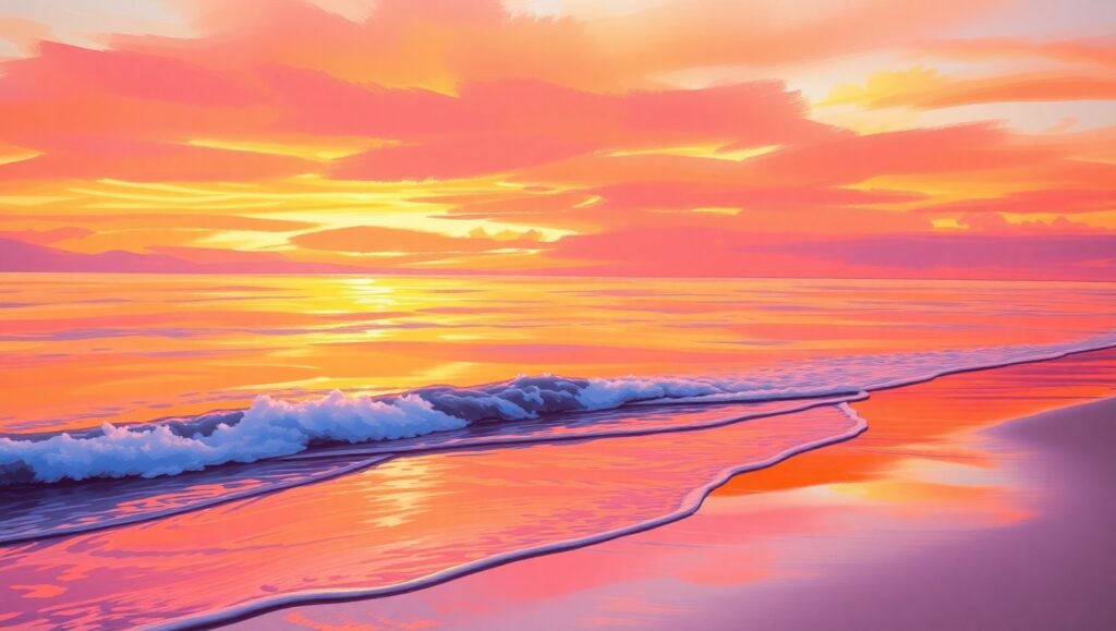 Serene Beach at Vibrant Sunset – free AI stock image