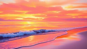 Serene Beach at Vibrant Sunset – free AI stock image