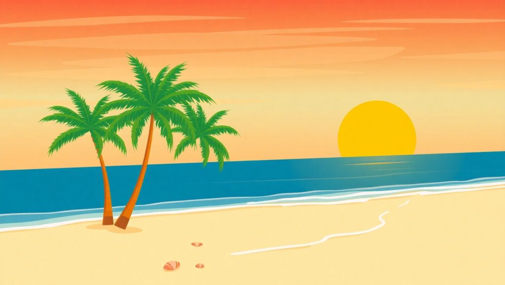 Serene Beach Sunset in Flat Style CO4 – free AI stock image