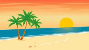 Serene Beach Sunset in Flat Style CO4 – free AI stock image