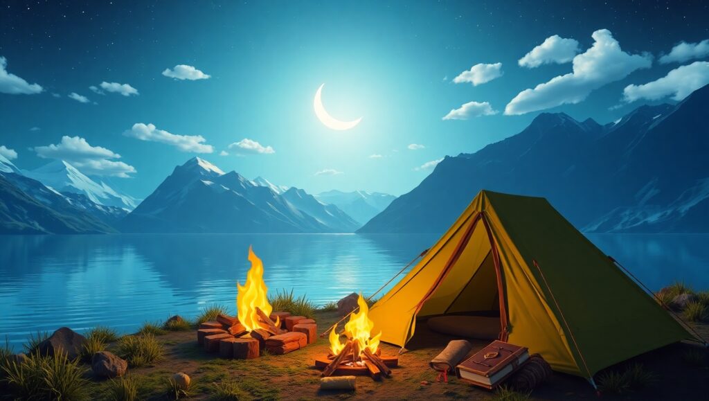 Serene Campfire by the Lake – free AI stock image