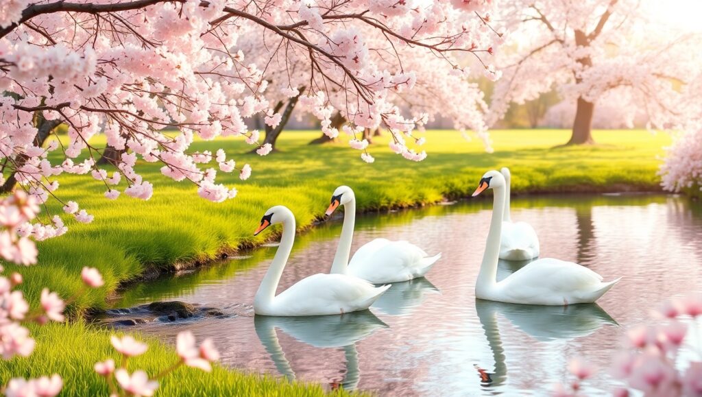 Serene Cherry Blossom Garden Scene – free AI stock image
