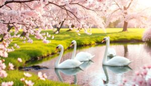 Serene Cherry Blossom Garden Scene – free AI stock image