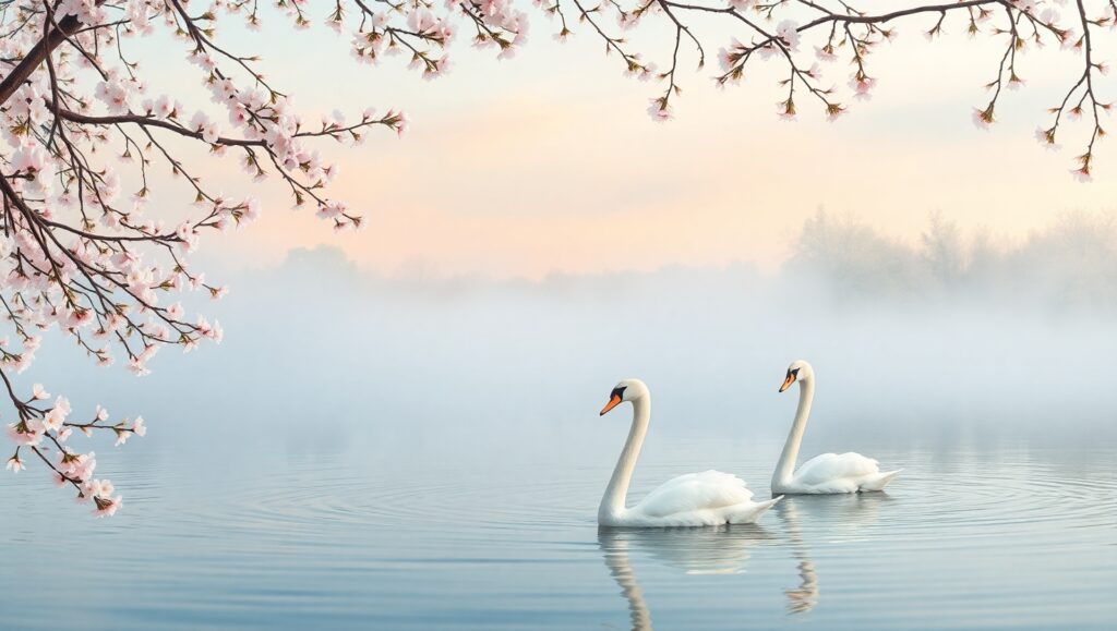 Serene Cherry Blossom Lake Scene B02 – free AI stock image