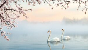 Serene Cherry Blossom Lake Scene B02 – free AI stock image