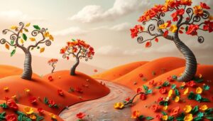 Serene Clay Landscape with Spiral Trees – free AI stock image