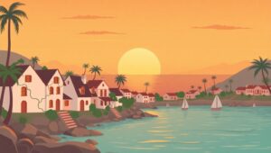 Serene Coastal Village at Sunset – free AI stock image