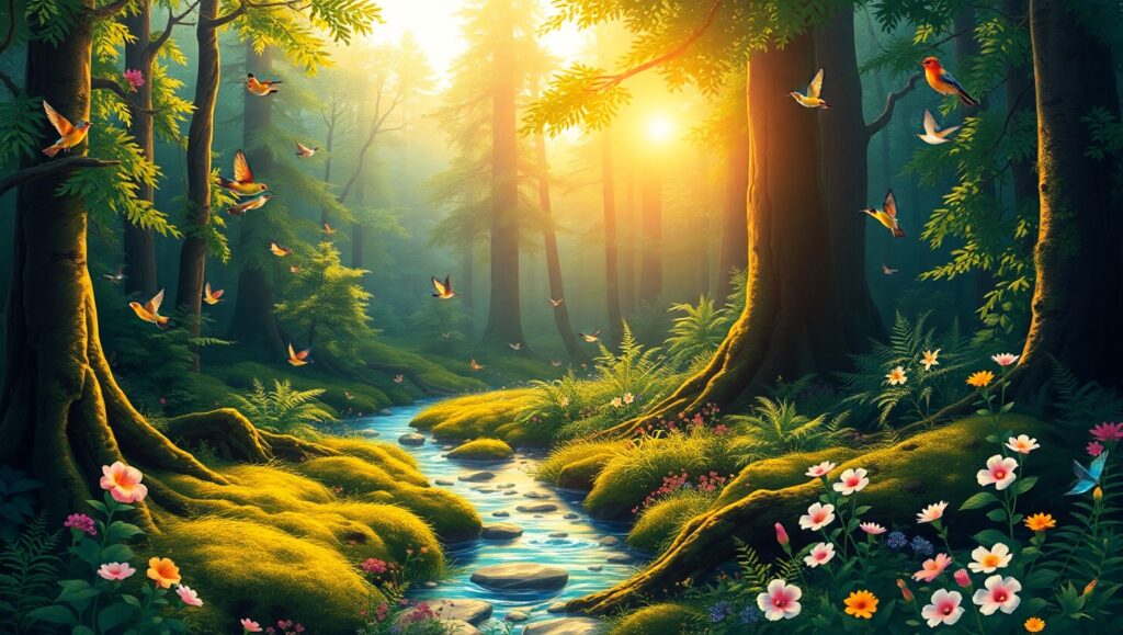 Serene Forest at Sunrise – free AI stock image