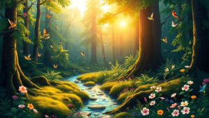 Serene Forest at Sunrise – free AI stock image