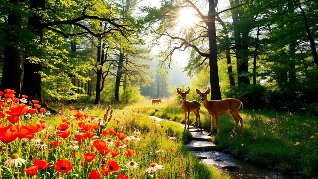 Serene Forest Clearing in Oil Paint – free AI stock image