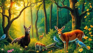 Serene Forest Oasis in Pointillism – free AI stock image