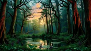 Serene Forest Reflections at Dusk – free AI stock image