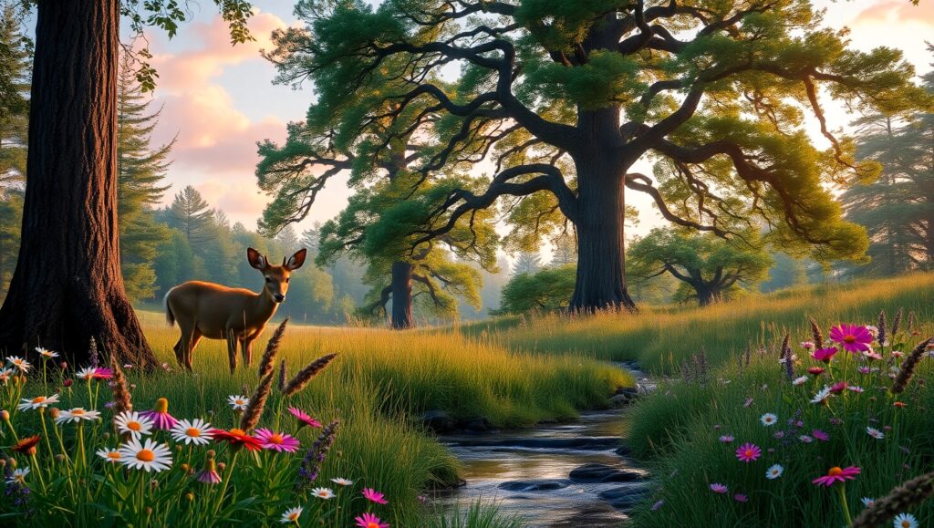Serene Forest Sunset Scene – free AI stock image