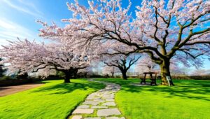 Serene Garden Path in Spring – free AI stock image