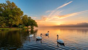 Serene Lake at Sunrise – free AI stock image