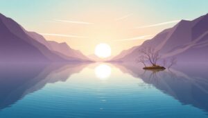 Serene Lake with Geometric Mountains – free AI stock image