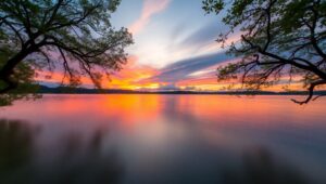 Serene Lakeside at Dusk – free AI stock image