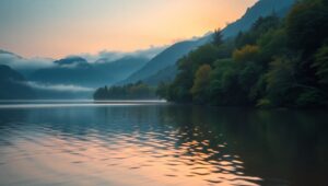 Serene Lakeside at Sunrise TIE – free AI stock image