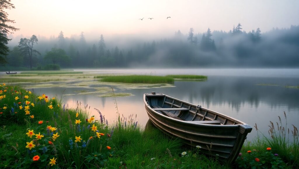 Serene Lakeside Dawn Scene – free AI stock image