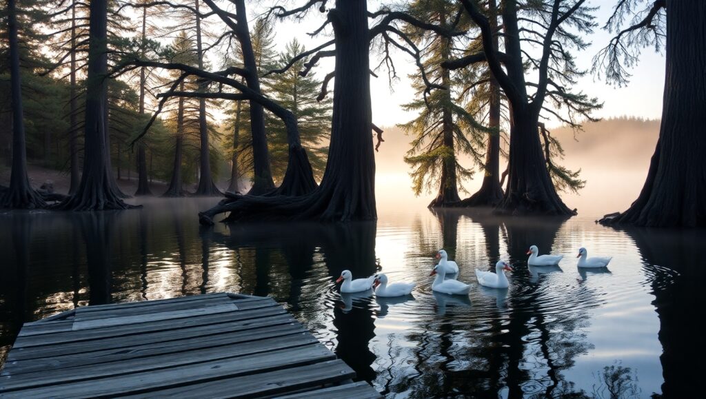 Serene Lakeside Morning Scene – free AI stock image
