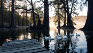 Serene Lakeside Morning Scene – free AI stock image