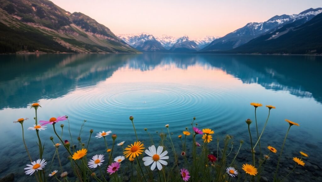 Serene Landscape at Sunset – free AI stock image