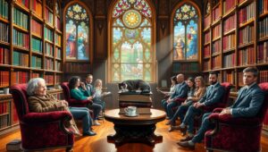 Serene Library with a Cat – free AI stock image