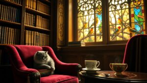 Serene Library with Golden Light – free AI stock image