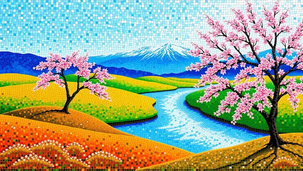 Serene Mosaic Landscape Art – free AI stock image