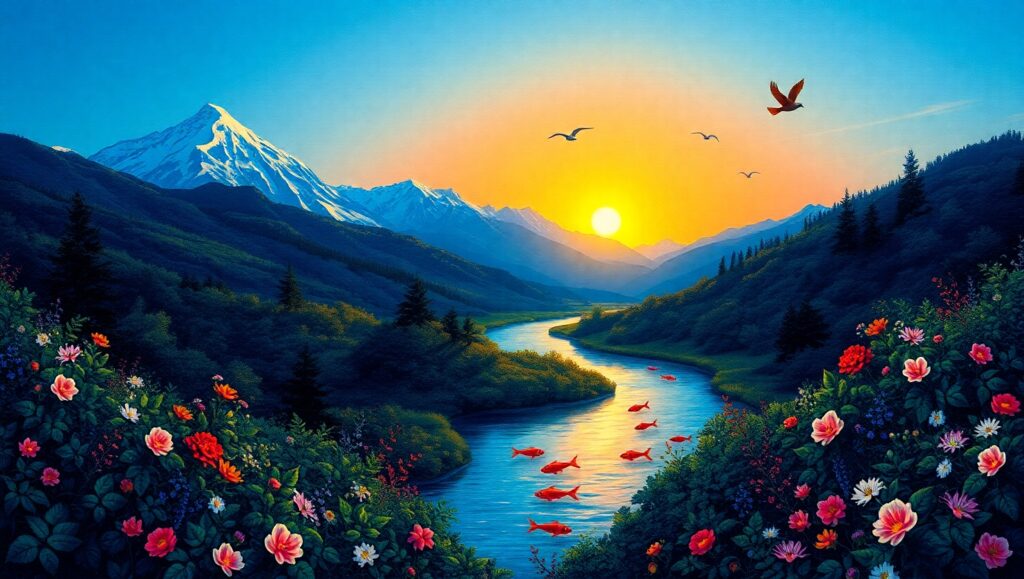 Serene Mosaic Landscape at Sunset – free AI stock image