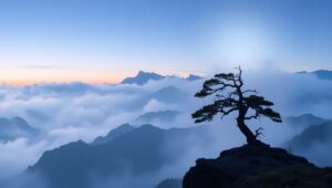 Serene Mountain Dusk in Ink Wash – free AI stock image