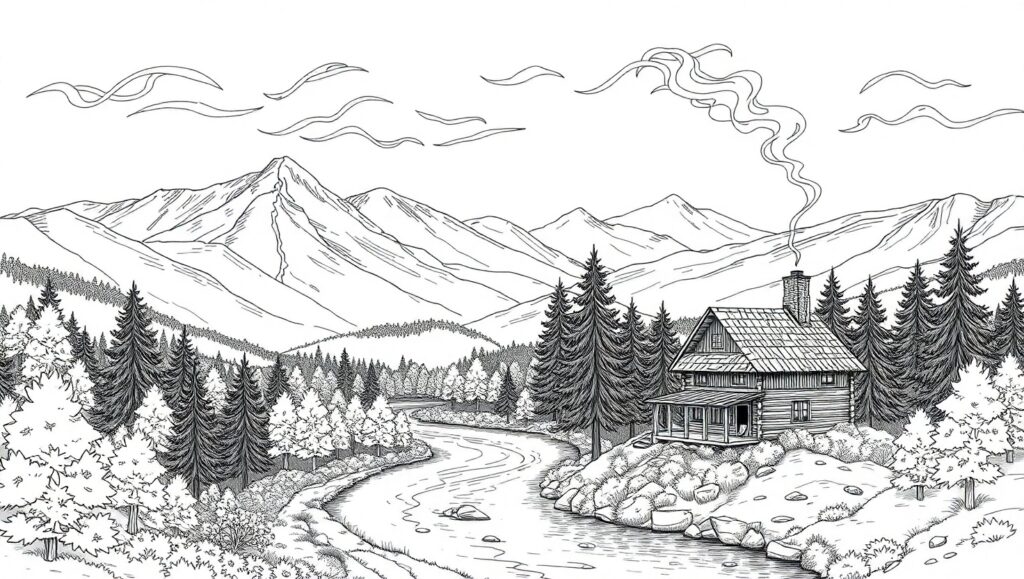 Serene Mountain Landscape in Line Art R3h – free AI stock image