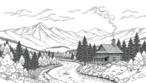 Serene Mountain Landscape in Line Art R3h – free AI stock image
