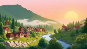 Serene Mountain Village at Sunrise – free AI stock image