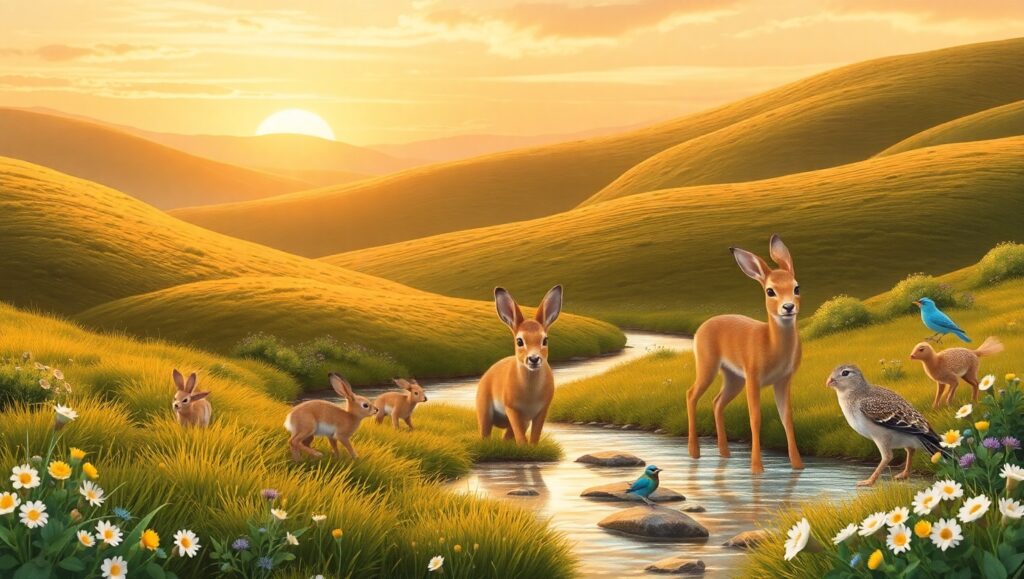 Serene Pastel Landscape with Playful Animals – free AI stock image