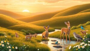 Serene Pastel Landscape with Playful Animals – free AI stock image