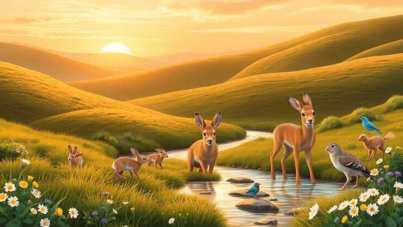 Serene Pastel Landscape with Playful Animals – free AI stock image
