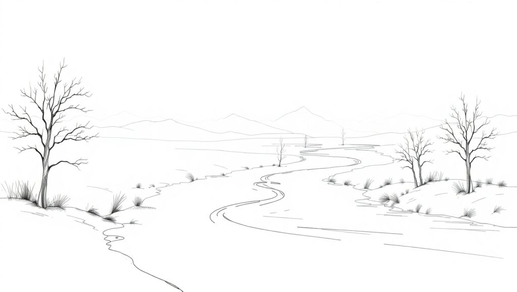 Serene River Landscape in Line Art – free AI stock image