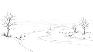 Serene River Landscape in Line Art – free AI stock image
