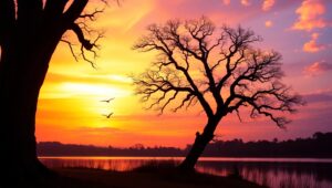 Serene Silhouette at Sunset – free AI stock image